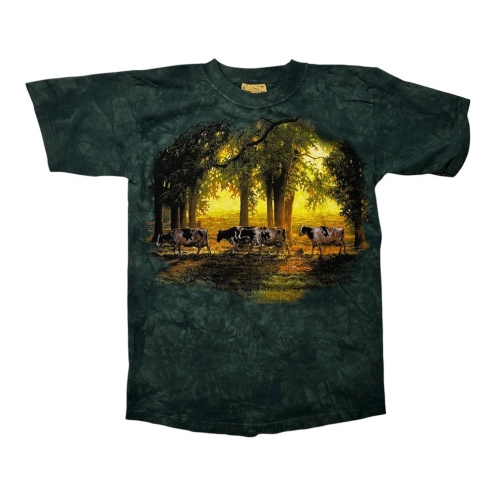 RARE! Vintage 89 The Mountain Roaming Cows Tie Dye Tee Green Size M Made In USA